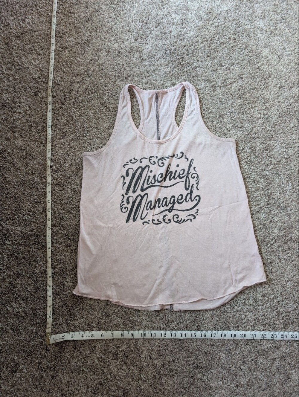 Light Pink Racerback Tank with 'Mischief Managed' Script